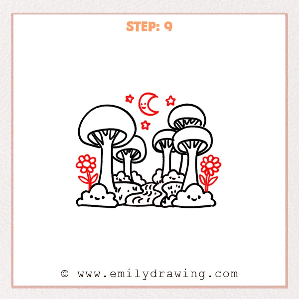 how to draw a cartoon forest - Step 9 of a cartoon forest drawing adds two simple side flowers plus a smiling crescent moon and small stars above the trees.